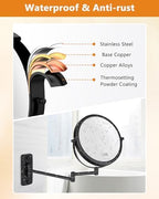 Wall Mounted Makeup Mirror - 1X/10X Magnifying Mirror for Wall, 8 Inch Double Sided 360° Swivel Extendable Bathroom Mirror for Shaving, Black