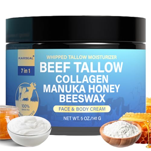 Beef Tallow For Skin, Organic Grass-Fed Beef Tallow Balm with Aloe Vera, Jojoba Oil, Manuka Honey, Olive Oil, Beeswax & Collagen, Natural Moisturizer Face, Body, Lips, Hydrates Dry, Cracked Skin, 5oz