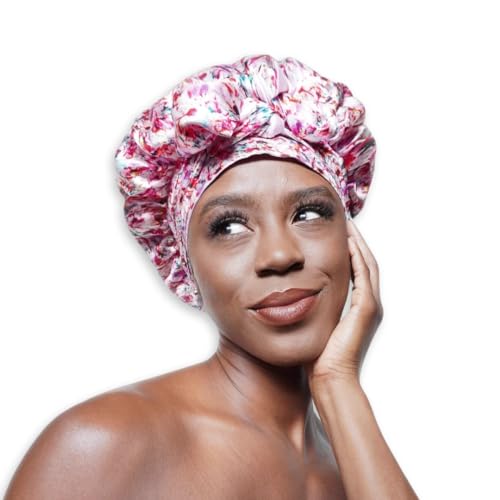 Floral 100% Pure Silk Hair Bonnet Luxurious Reversible Wonder Loop Mulberry Silk for Curly Hair - Ultimate Sleeping Companion with Ties for Women