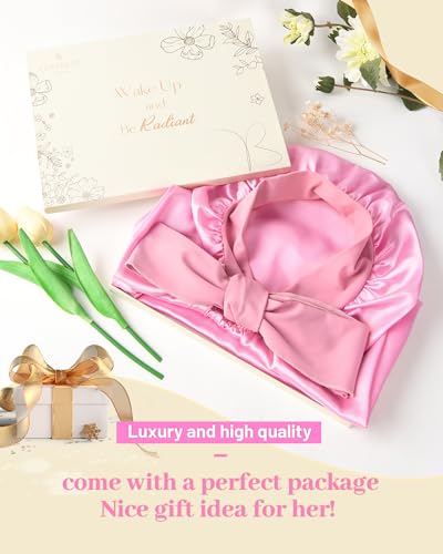 YANIBEST Silk Bonnet for Sleeping Women Braid Bonnet for Long Hair with Tie Band Satin Bonnet for Braids Hair Sleeping Cap Gifts for Women Pink