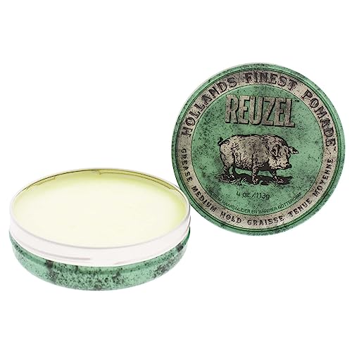 REUZEL Green Grease Pomade, Medium All Day Hold, Oil-Based Styling Wax, Medium Shine and Flake Free, Easy To Wash Out, For All Hairstyles