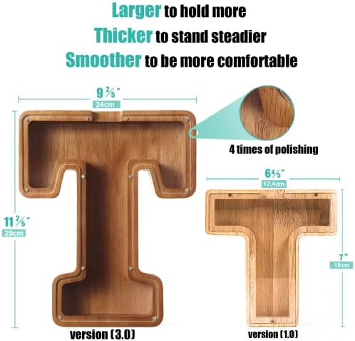 Summidate Large Wooden Piggy Bank for Kids Adults, Alphabets Letter A-Z Piggy Bank for Boys Girls, Coins Bills Change Bank Box Personalized Initial Name Kids Money Bank for Birthday Present and Decor