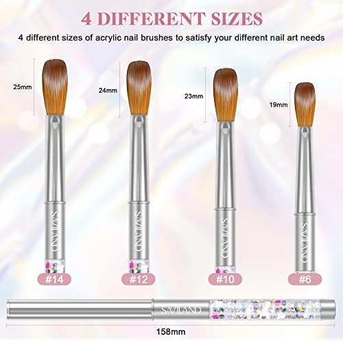 Saviland Kolinsky Acrylic Nail Brush Set - 4PCS Professional Acrylic Nail Brushes for Acrylic Application, Size 6/10/12/14 Acrylic Powder Brushes for Acrylic Nails Extension & 3D Nail Carving