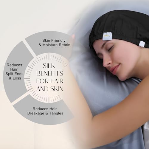 ZIMASILK 100% Mulberry Silk Bonnet for Sleeping Women Long Hair Double Layer Silk Hair Wrap with Adjustable Band Natural Silk Bonnet for Hair Care Stay On Head (1Pc, Black)