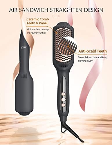 LANDOT Hair Straightening Brush Straightener: Negative Ion Ceramic Heated Hot Brush for Smooth Frizz-Free Hair - Dual Voltage 100-240V & 12 Temp Settings 250°F to 450°F