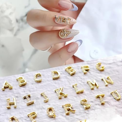 52pcs Gold Letters Nail Charms 3D Alloy English Alphabet Stud Nail Diamonds with Rhinestones Design Letter Capital Nail Gems for Women Girls Acrylic Nails Decoration Supplies Making Crafts