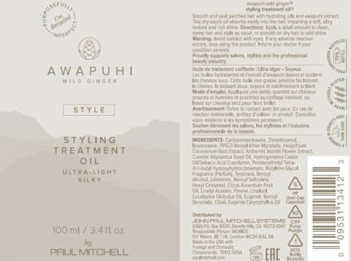 Awapuhi Wild Ginger by Paul Mitchell Styling Treatment Oil, Dry-Touch, Leave-In Formula, For All Hair Types
