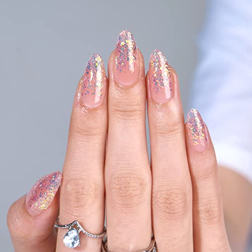 BTArtbox Press On Nails Medium- Christmas Supremely Fit & Natural Soft Gel Glue On Nails with Nail Glue, Reusable Stick On Nails in 15 Sizes - 30 Fake Nails Kit, Pink Sparkle