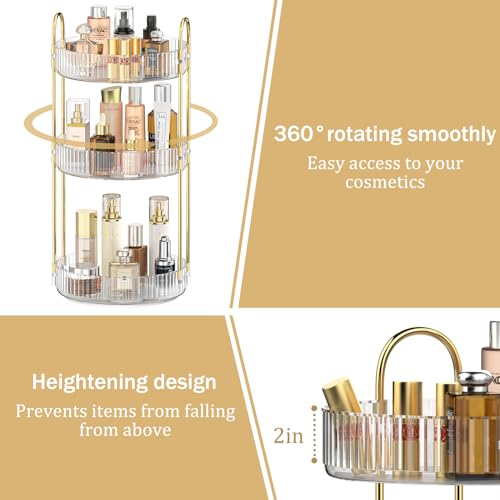 MOKANI 360 Rotating Makeup Organizer for Vanity, 3 Tier Adjustable Perfume Organizer for Dresser, Multi-Function Spinning Cosmetics Skincare Storage for Bedroom, Dresser, Countertop, Clear