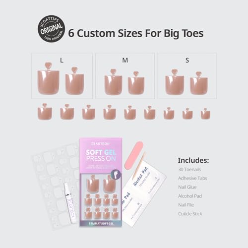 BTArtbox Press On Toenails - Real Square Pearl Chrome Toe Nail Press Ons with Glue for Women, Opaque Fake Toe Nail Tips in 15 Sizes - 30 Toenails Kit, Silky Shine