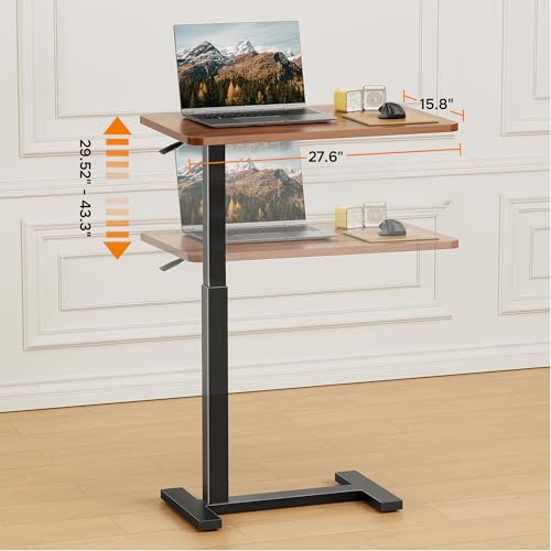 Simple Deluxe Adjustable Overbed Bedside Table with Wheels, Pneumatic Adjustable Hospital & Home Use Bed Table, Rolling Laptop Table, Mobile Standing Desk, Brown