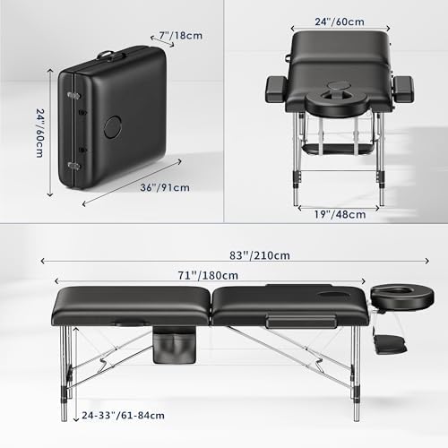 Brelley Massage Table Portable, 2-Fold Lash Bed with Side Pocket, Adjustable Height, Sturdy Aluminum Frame, Esthetician Spa Facial Bed, Tattoo Bed with Face Cradle & Carrying Bag, Black