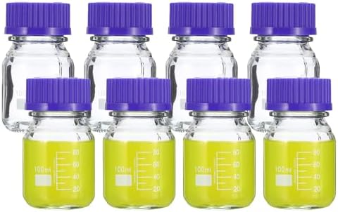 PATIKIL 8 Pack Reagent Media Storage Bottles, 100ml Borosilicate Glass Graduated Round Bottles with GL45 Blue Screw Cap for Lab Water Reagent Liquids, Clear