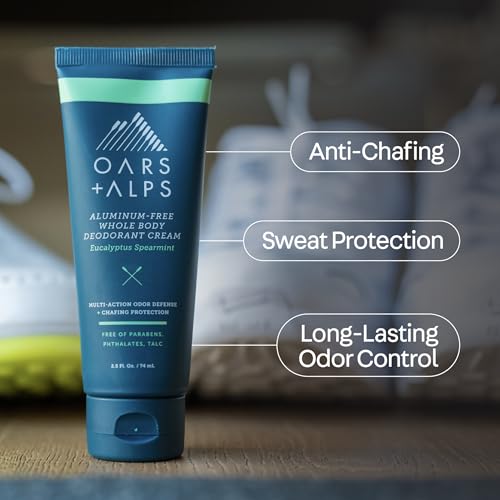 Oars + Alps Whole Body Deodorant Cream For Men - Multi-Action Odor Defense - Aluminum Free, Baking Soda Free, Anti-Chafe - 2.5 Ounce Tube - Eucalyptus Spearmint