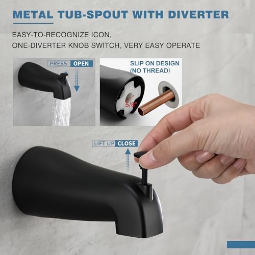 Esnbia Tub Shower Faucet Set (Valve Included) with 6-Inch Rain Shower Head and Tub Spout, Black Shower Head and Handle Set，Single-Handle Tub and Shower Trim Kit, Matte Black