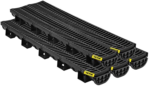 VEVOR Trench Drain System, Channel Drain with Plastic Grate, 5.7x3.1-Inch HDPE Drainage Trench, Black Plastic Garage Floor Drain, 5x39 Trench Drain Grate, with 5 End Caps, for Garden, Driveway-5 Pack