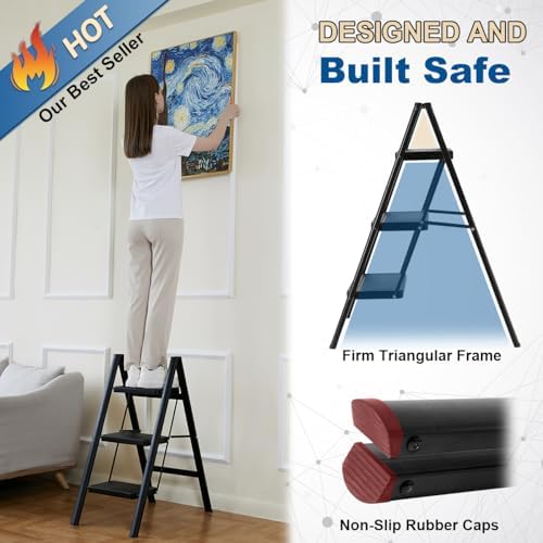 Double Elite Step Ladder 3 Step Folding, Sturdy 330 Lbs Small Step Stool for Adults, Safer Full Steel Multi-use Kitchen Ladder for Home, Closet Step Stool Ladder with Anti-Slip Wide Pedals, Black