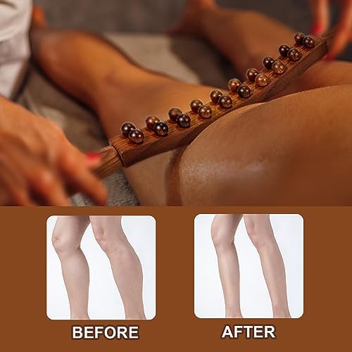 Wood Therapy Guasha Wood Stick Massage Tools, Lymphatic Drainage Massage Stick, Stomach Cellulite Massager, Myofascial Release Tool, Ease Pain Self Body Sculpting, Mountable Handle Double Row 20 Beads
