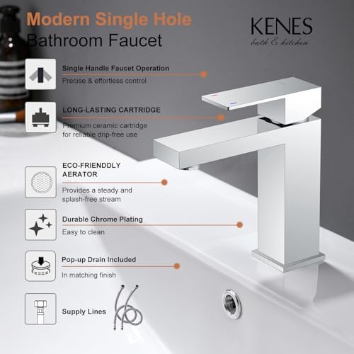 KENES Chrome Bathroom Faucet Single Handle Bathroom Sink Faucet Lavatory Vanity Faucet with Pop Up Drain & Water Supply Lines LJ-9031-5
