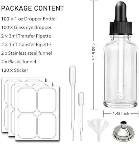 100 Pack, 1 oz Glass Dropper Bottle for Essential OIls, 30 ML Clear Empty Tincture Bottles with Dropper for Serum Hair Cuctile Body Oils Bulk for Storage