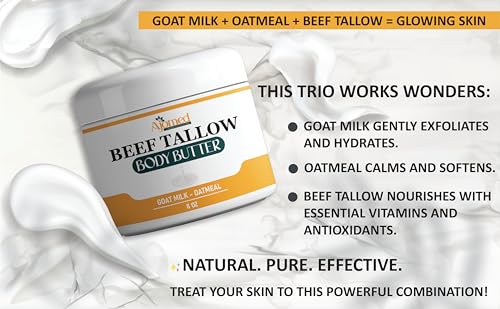Grass-Fed Beef Tallow Skin Moisturizer body butter with goat milk, oatmeal | Organic Hand, foot, massage Cream| Handmade Skincare | Unscented tallow moisturizer lotion, balm for dry skin, Eczema cream (LAVENDER VANILLA)
