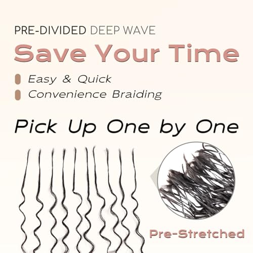 Pre-Divided Deep Wave Human Braiding Hair for Boho Braids Bulk Hair Pre-streached Human Braiding Hair Deep Wave For Black Women (Natural Black, 18 Inch - 80 Roots)