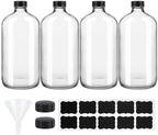 4 Pack 32 oz Clear Boston Round Glass Bottles with Black Caps for Secondary Kombucha Fermentation and Lab Chemicals (1 Funnel and 10 Pieces Black Chalkboard Labels Included)
