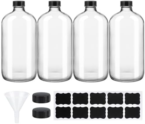4 Pack 32 oz Clear Boston Round Glass Bottles with Black Caps for Secondary Kombucha Fermentation and Lab Chemicals (1 Funnel and 10 Pieces Black Chalkboard Labels Included)