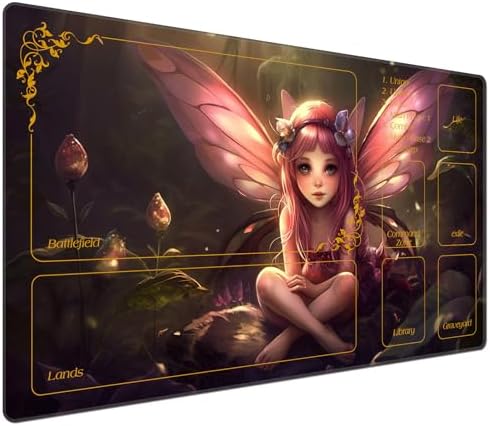 DEGDFSGR for MTG Playmat with Zones 24 x 14 inches for TCG Playmats Non-Slip Rubber Base Commander Play Mat for Magic The Gathering Playmat Iorcana Trading Card Game, Pink Fairy Sitting Flower Meadow