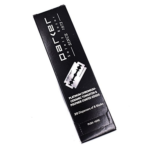 100 Count, Parker Safety Razor Double Edge Safety Razor Blades, Premium Platinum Stainless Steel Razor Blades with PTFE, Tungsten and Chromium Coated Edges for Smooth, and Comfortable Shaves