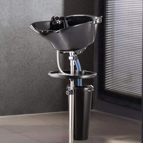 VEVOR Portable Shampoo Bowl, Deep Shampoo Sink for Washing Hair with Adjustable Height and Angle, Includes Drain Hose, Shower Head and Bucket, Portable Salon Sink for Barbershop Spa Center Use, Black