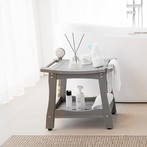 Y&M 2-Tier Bathroom Shower Bench with Waterproof Storage Shelf, HDPE Towel & Shower Head Shelves Curved Seat, Small Tub Chair for Shaving Legs Foot Stool, Bath, Spa, Indoor or Outdoor Use, Gray