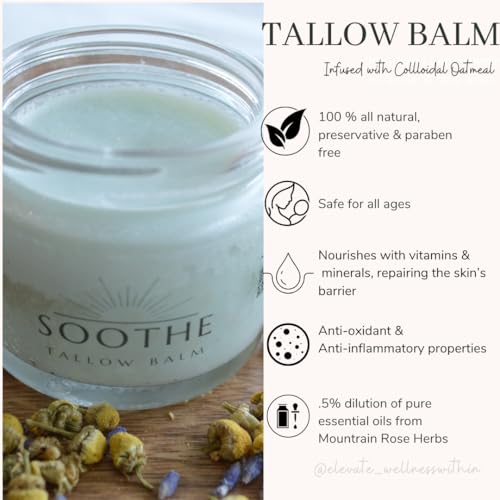 Soothe Tallow Balm- Grass-fed Beef Tallow Infused with Blue Tansy & Colloidal Oatmeal- Infant safe ointment for rash, dry skin, eczema, psorasis- Organic (2 oz)