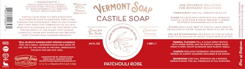 Vermont Castile Soap Patchouli Rose, Gentle Liquid Soap for Sensitive Skin & Natural Body Wash, Organic Hair Shampoo for Oily Hair, Aloe Castile Soap for Men & Women - 64 Oz