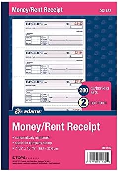 Adams Money and Rent Receipt Book, 2-Part, Carbonless, White/Canary, 7-5/8" x 10-7/8", Bound Wraparound Cover, 200 Sets per Book, 4 Receipts per Page (DC1182)