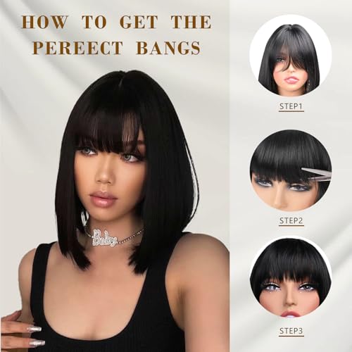 Black Bob Wig With Bangs Short Black Wig for Women 12 Inch Straight Bob wig with Bangs Synthetic Colorful Cosplay Daily Party Use（Nutural Black,12IN）