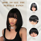 Black Bob Wig With Bangs Short Black Wig for Women 12 Inch Straight Bob wig with Bangs Synthetic Colorful Cosplay Daily Party Use（Nutural Black,12IN）