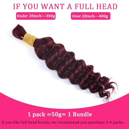 Human Braiding Hair for Boho Braids Burgundy Deep Wave Bulk Human Hair for Braiding 22 Inch 1 Bundle 50G #99J Wet and Wavy Curly Human Hair Red Braiding Hair Extensions No Weft Bundles for Braiding