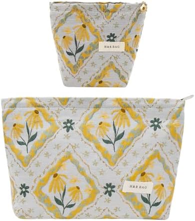2 Pcs Makeup Bags, Large Cosmetic Bag Travel Toiletry Bag Organizer for Women, Embroidery Craft, Floral Makeup Bag Small Cosmetic Pouch Purse with Zipper Gifts for Girls Teen