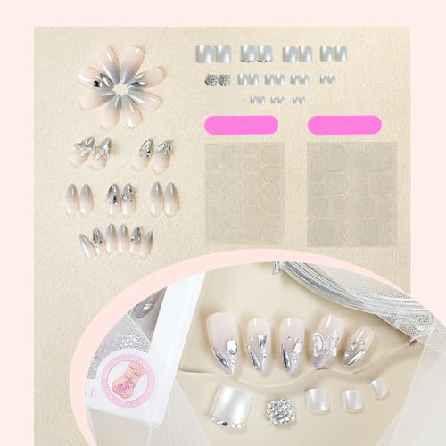 48Pcs Rhinestones Press on Nails Toenails Medium Almond Glossy Silver Glitter Acrylic False Nails 3D Butterfly Fake Nails Gel Glue on Nails for DIY Manicure Stick on Nails for Coquette Women Girls