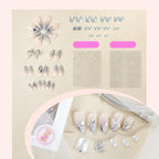 48Pcs Rhinestones Press on Nails Toenails Medium Almond Glossy Silver Glitter Acrylic False Nails 3D Butterfly Fake Nails Gel Glue on Nails for DIY Manicure Stick on Nails for Coquette Women Girls