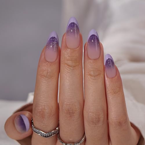 BTArtbox French Tip Press On Nails - Almond Ombre Press On Nails Medium, Glue On Nails with Glitters, Supremely Fit & Natural Reusable Stick On Nails in 15 Sizes, Twilight