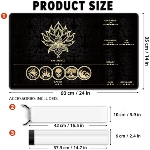 MTG Playmat with Play Zones – Magic Play mat Card Game Mat for Magic The Gathering, Lotus & Basic Lands Design, 24x14 inch, Stitched Edge, Non-Slip Base with Prismatic Playmat Tube-Gold Zone