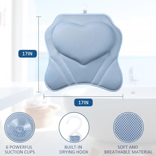 LuxStep Bath Pillow-Bathtub Pillow with Air Mesh Fabric & 6 Non-Slip Suction Cups, Bath Pillows for Tub Head, Neck and Back Support, Bath Accessories Spa Gifts, 17 * 17in, Blue