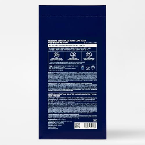 Mediheal Dermaplus Heartleaf Mask (10 Counts) - Daily Vegan Mask for Soothing Skin with Panthenol & Hyaluron, Korean Self Skin Care Sheet Mask