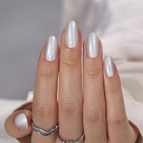 BTArtbox Press On Nails Short - Pearl White Oval Round Press on Nails for Women, Natural Stick on Nails with Glue, Glossy Glue On Nails in 15 Sizes - 30 Nail Kit, A Hidden Gem