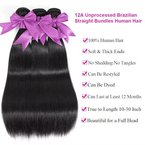 2x6 HD Lace Closure with Bundles 10 12 14+10 Inch Straight Bundles with Closure Human Hair 100% Unprocessed Brazilian Virgin Weave Bundles Human Hair 3 Bundles Deals with Closure