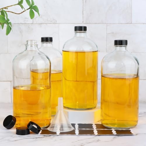 4 Pack 32 oz Clear Boston Round Glass Bottles with Black Caps for Secondary Kombucha Fermentation and Lab Chemicals (1 Funnel and 10 Pieces Black Chalkboard Labels Included)