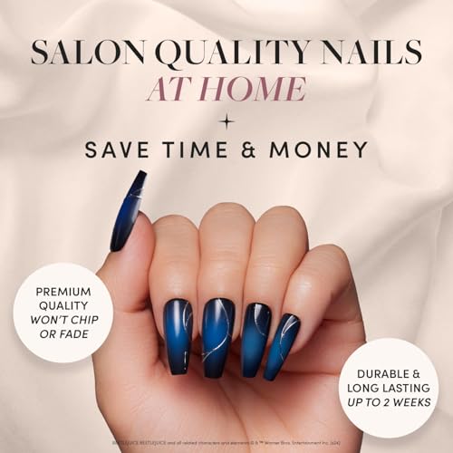 Beetlejuice Beetlejuice™ x Glamnetic Press On Nails - Ghost House™| Opaque Black & Navy Graphic Long Coffin False Nails, Reusable Stick On Fake Nails with Glue | Salon Quality | 15 Sizes - 30 Nail Kit