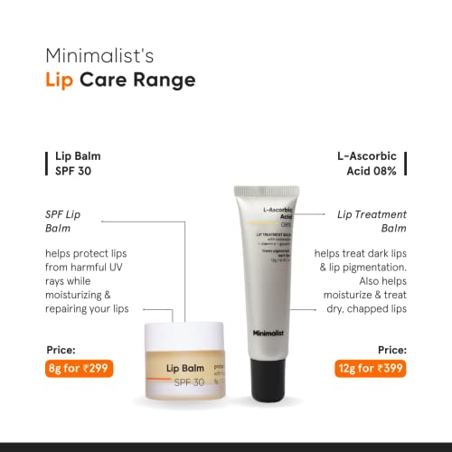 Minimalist Lip Treatment Balm for Lightening Dark Lips, Hydrating & Softening | 8% L-Ascorbic Acid with Vitamin E, Radianskin & Glycerine | For Women & Men | 0.42 Oz / 12 gm
